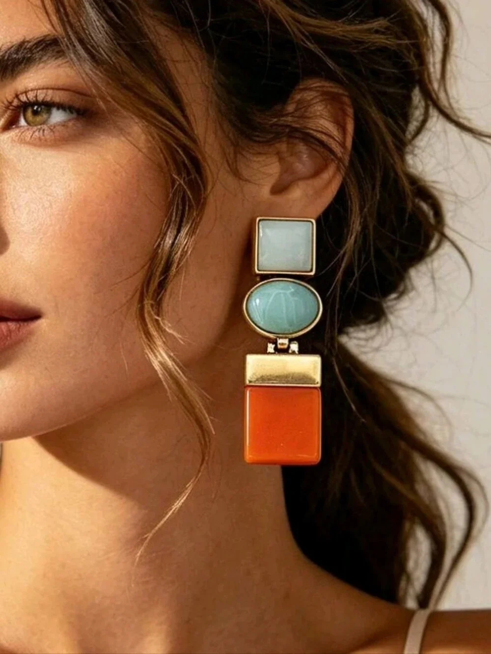NEW! ZARA Geometric Gold-Tone Orange and Green Mint Statement Drop Earrings